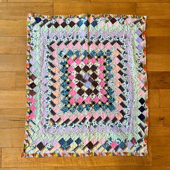 Handmade Other - Handmade Vtg Patchwork Quilt 39x33 Diamond Pattern Baby Blanket Multicolor Throw